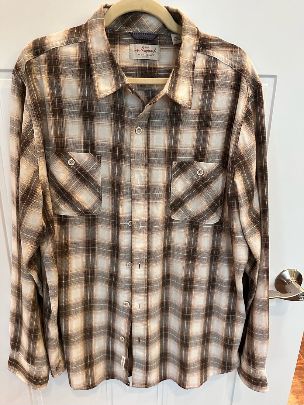 Weatherproof Plaid Button-Up Shirt in Brown and Cream